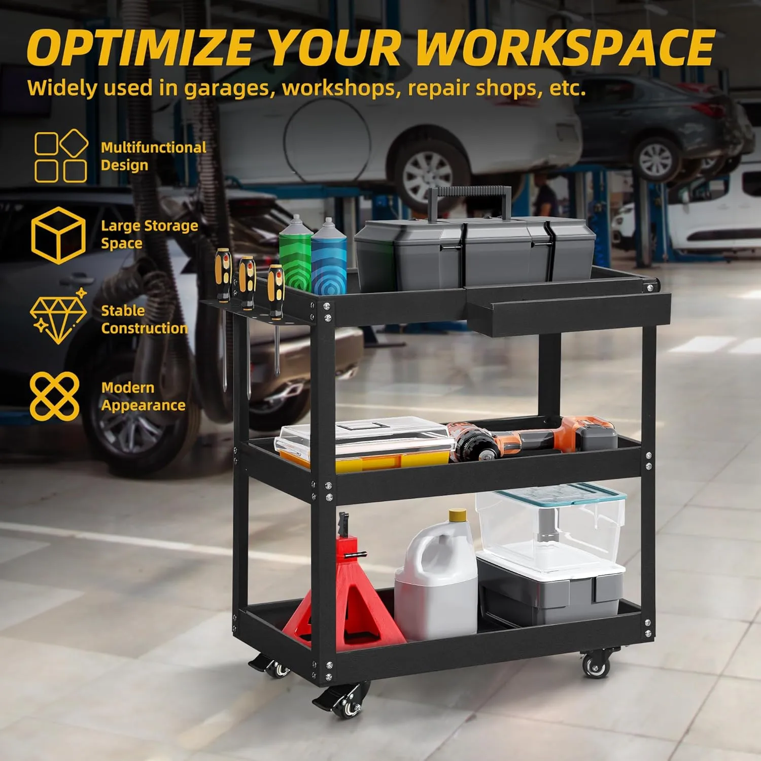 DWVO 3-Tier Rolling Tool Cart, 550lbs Capacity Utility Cart on Wheels, Durable Metal Construction with Screwdriver Board & Storage Box, Ideal for Garage, Warehouse Mechanic Work, Black