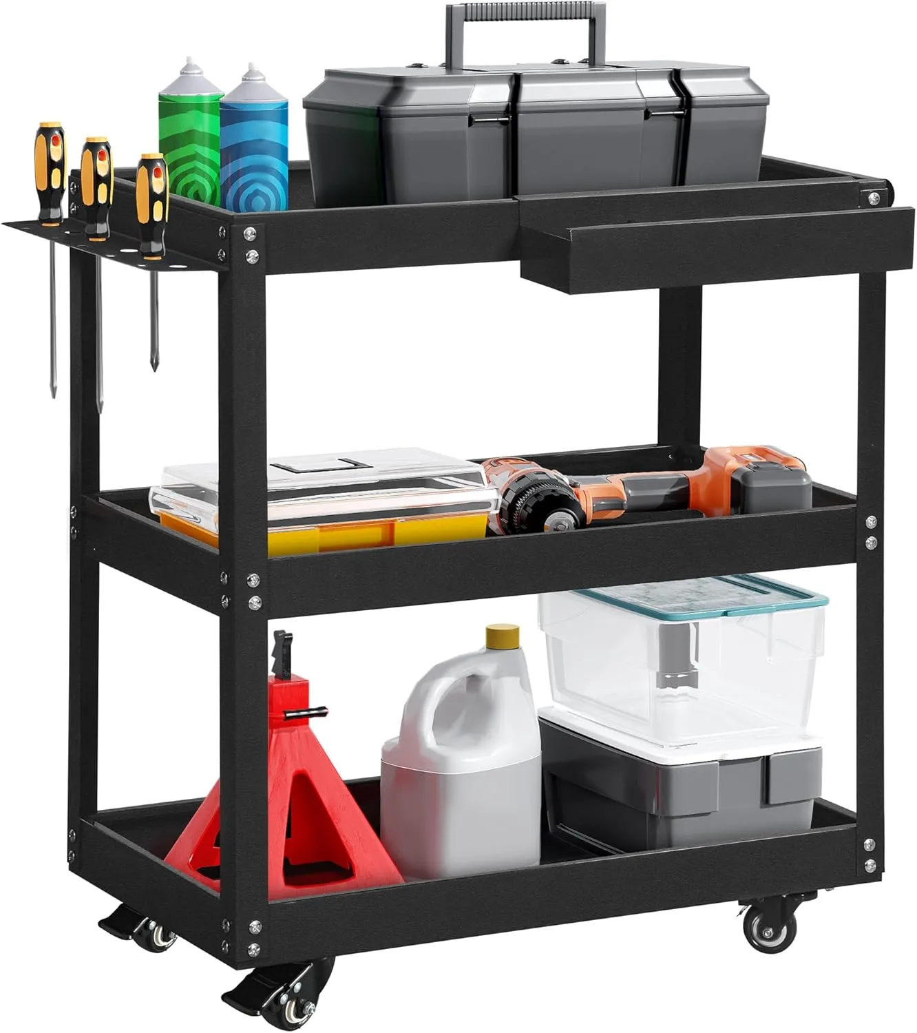 DWVO 3-Tier Rolling Tool Cart, 550lbs Capacity Utility Cart on Wheels, Durable Metal Construction with Screwdriver Board & Storage Box, Ideal for Garage, Warehouse Mechanic Work, Black