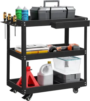 DWVO 3-Tier Rolling Tool Cart, 550lbs Capacity Utility Cart on Wheels, Durable Metal Construction with Screwdriver Board & Storage Box, Ideal for Garage, Warehouse Mechanic Work, Black