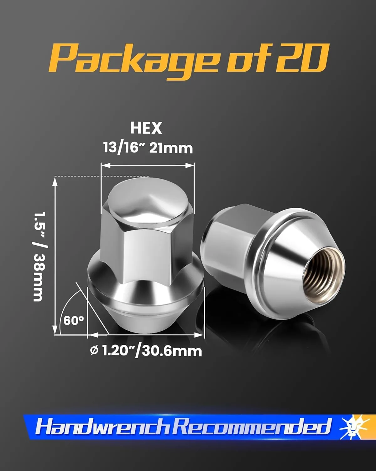 Dynofit 14x1.5 Factory Lug Nuts for Mustang Edge, 20pcs One-piece Style Chrome Wheel Nut Compatible With Ford Explorer Fusion Maverick, Alloy Steel Lugnut fit Aviator MKX Replace OE#ACPZ-1012-M/1012-D