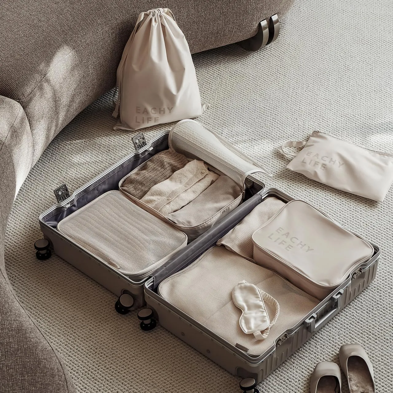 EACHY 6 Set Compression Packing Cubes for Travel & Carry-On, Space-Saving Luggage Organizers & Compression Bags for Clothes & Shoes, Ideal for Vacation & Cruise Essentials