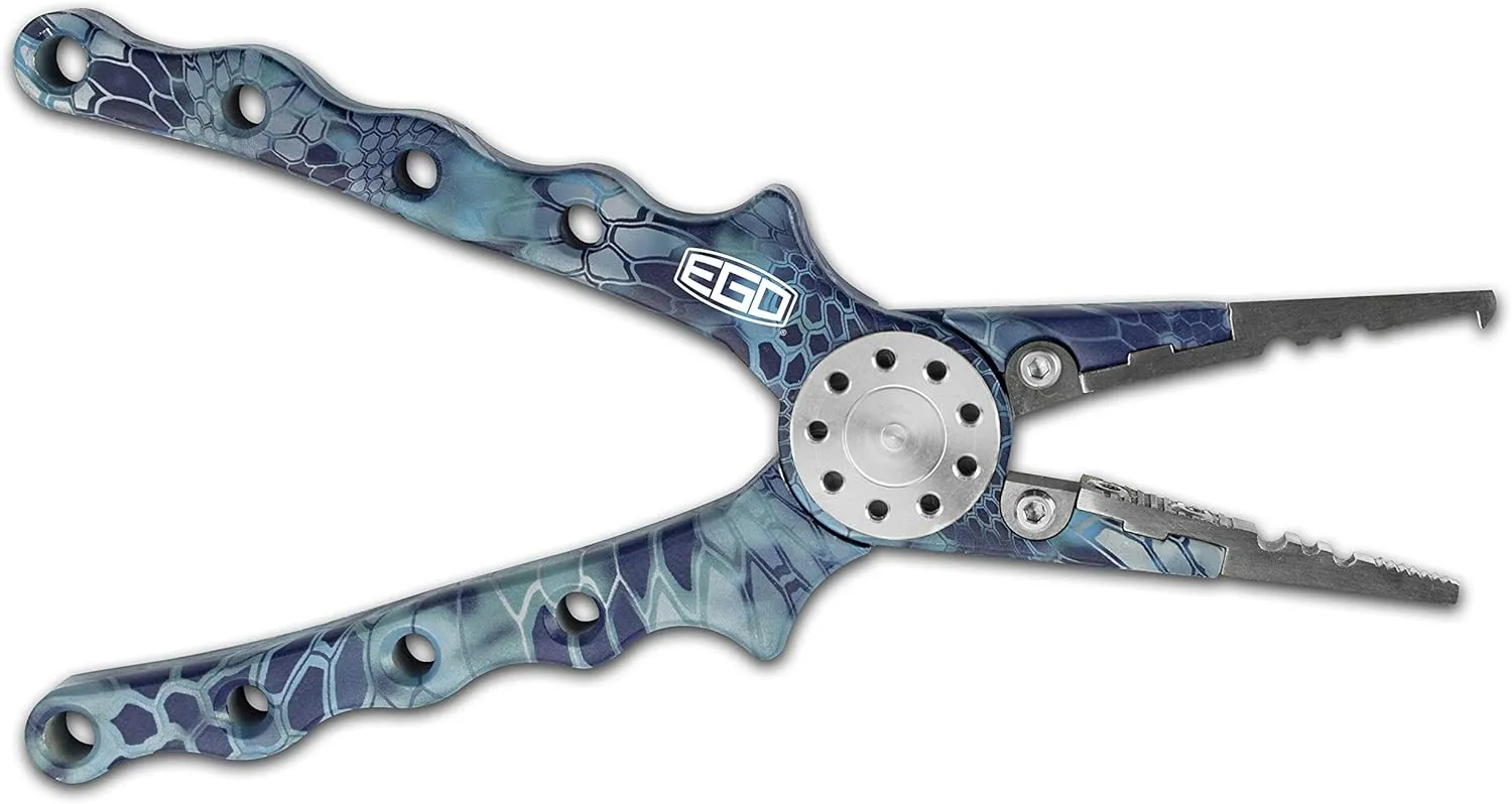 Ego Kryptek Fishing Pliers, Fishhook Remover, Weight Crimper, Stainless Steel Jaws, Aircraft Aluminum Body, Contoured Handle, Camo