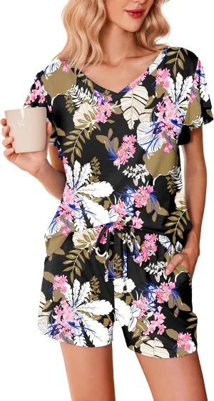 Ekouaer Women's Pajamas Set Ruffle Sleeves Sleepwear V Neck Comfy 2 Piece Pjs Loungewear Set with Pockets S-XXL