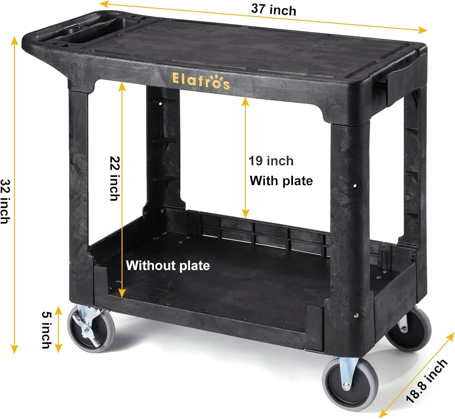 ELAFROS Heavy Duty Plastic Utility Cart, 37 x 18.8 in, Flat Top, Swivel Wheels, 550 lbs Capacity, Black