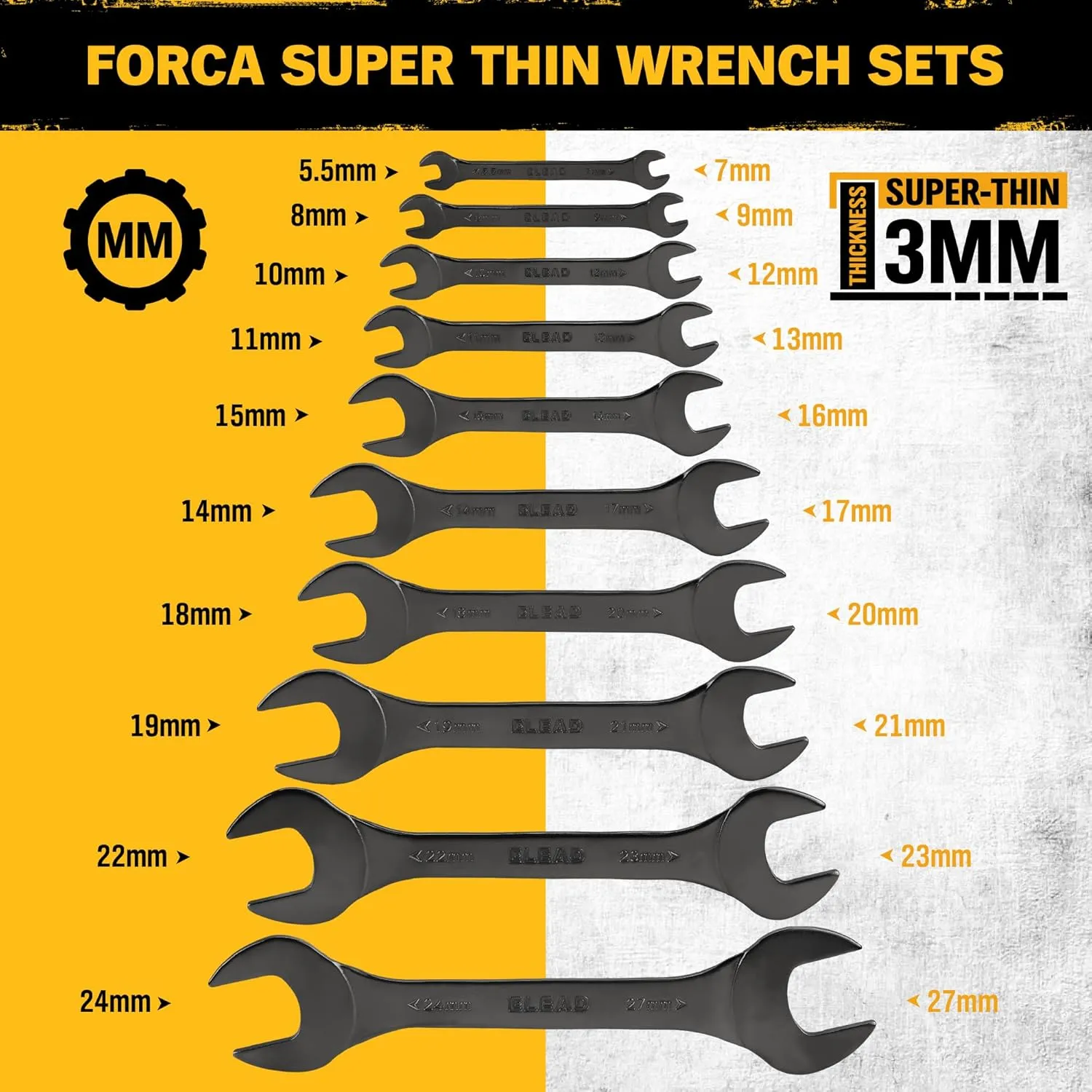 ELEAD Super-Thin Open End Wrench Set | 10-Piece Metric 5.5-27mm | Nickel-Plated Slim Design | 5.5, 7, 8, 9, 10, 11, 12, 13, 14, 15, 16, 17, 18, 19, 20, 21, 22, 23, 24, 27mm