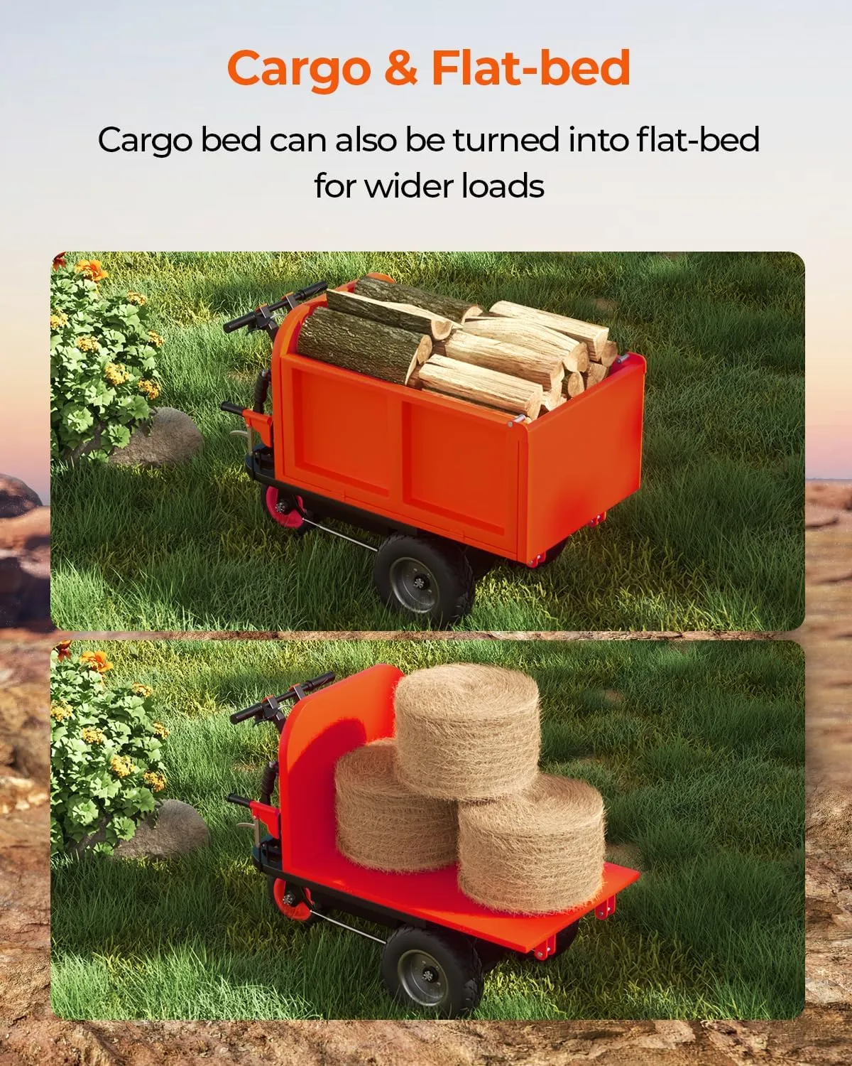 Electric Wagon Wheelbarrow Utility Cart, 48V 20A 1000W Capacity 2205Lbs, Red Metal Frame, Electric Power Source, Humanized Design, Large Capacity, Outdoor Garden
