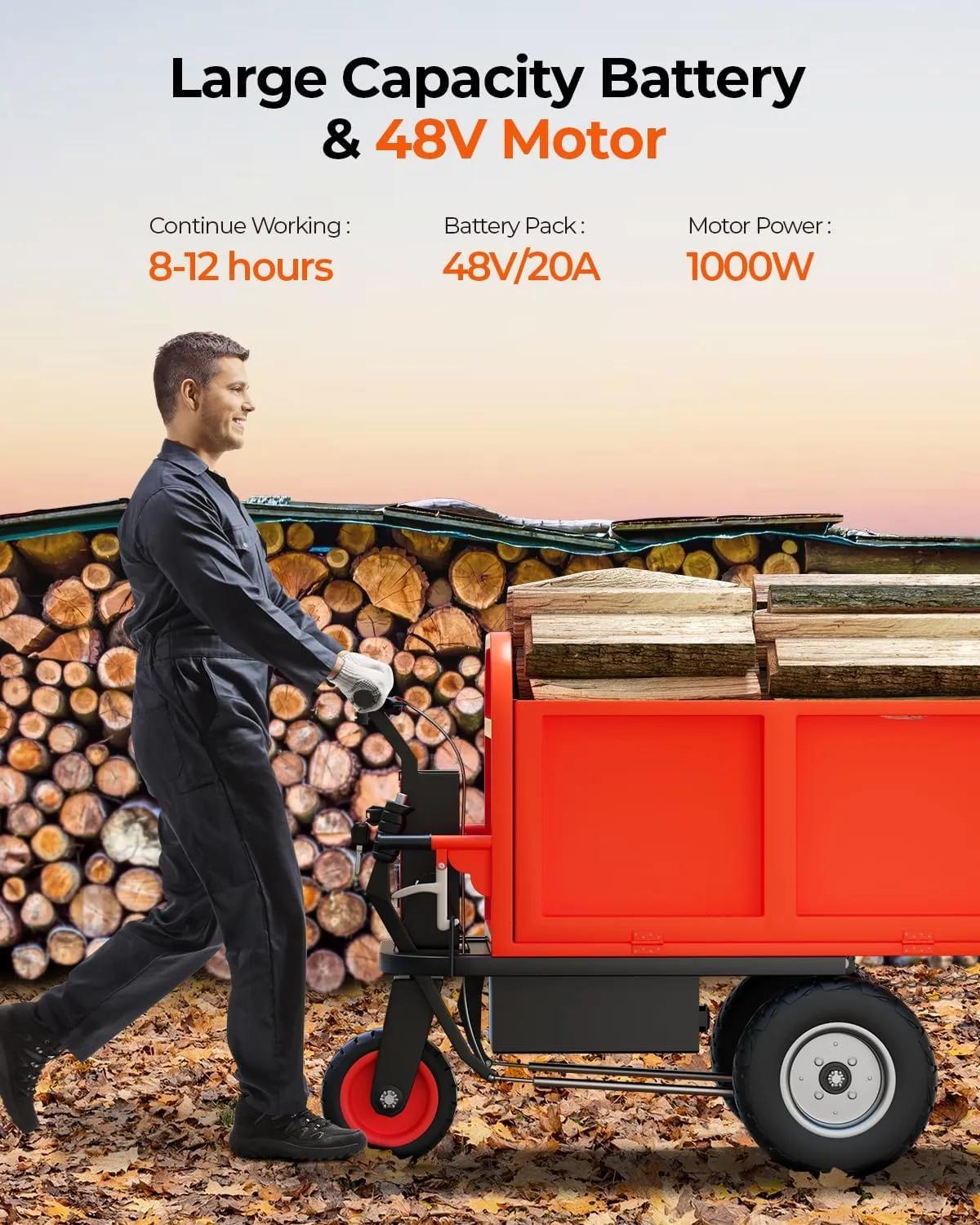 Electric Wagon Wheelbarrow Utility Cart, 48V 20A 1000W Capacity 2205Lbs, Red Metal Frame, Electric Power Source, Humanized Design, Large Capacity, Outdoor Garden