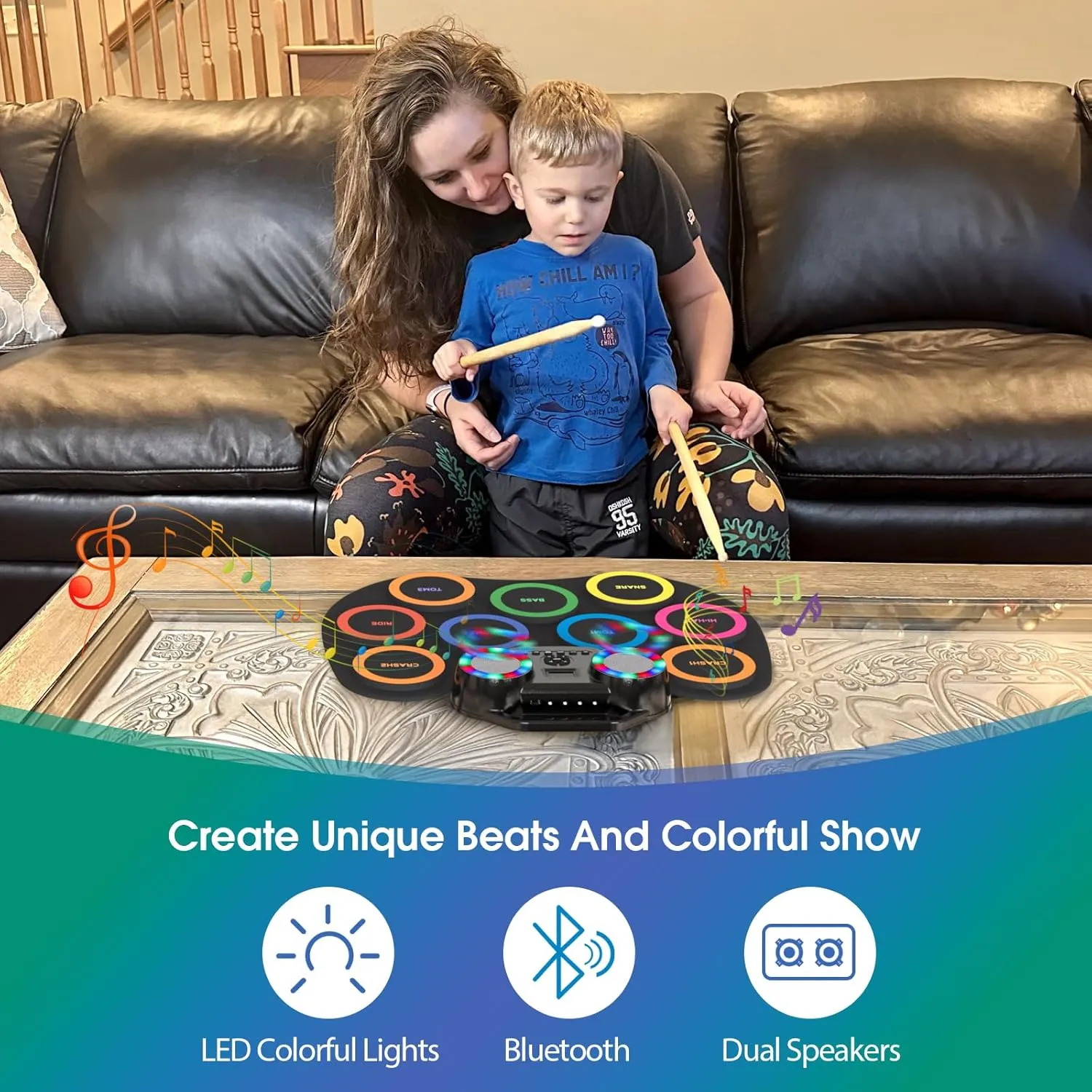 Electronic Drum Set 9Pads with LED Lights, Bluetooth Portable Electronic Drum Kit, Roll-Up Practice Drum Pad, Built-in Dual Speakers, Headphone, Holiday Birthday Gift for Kids