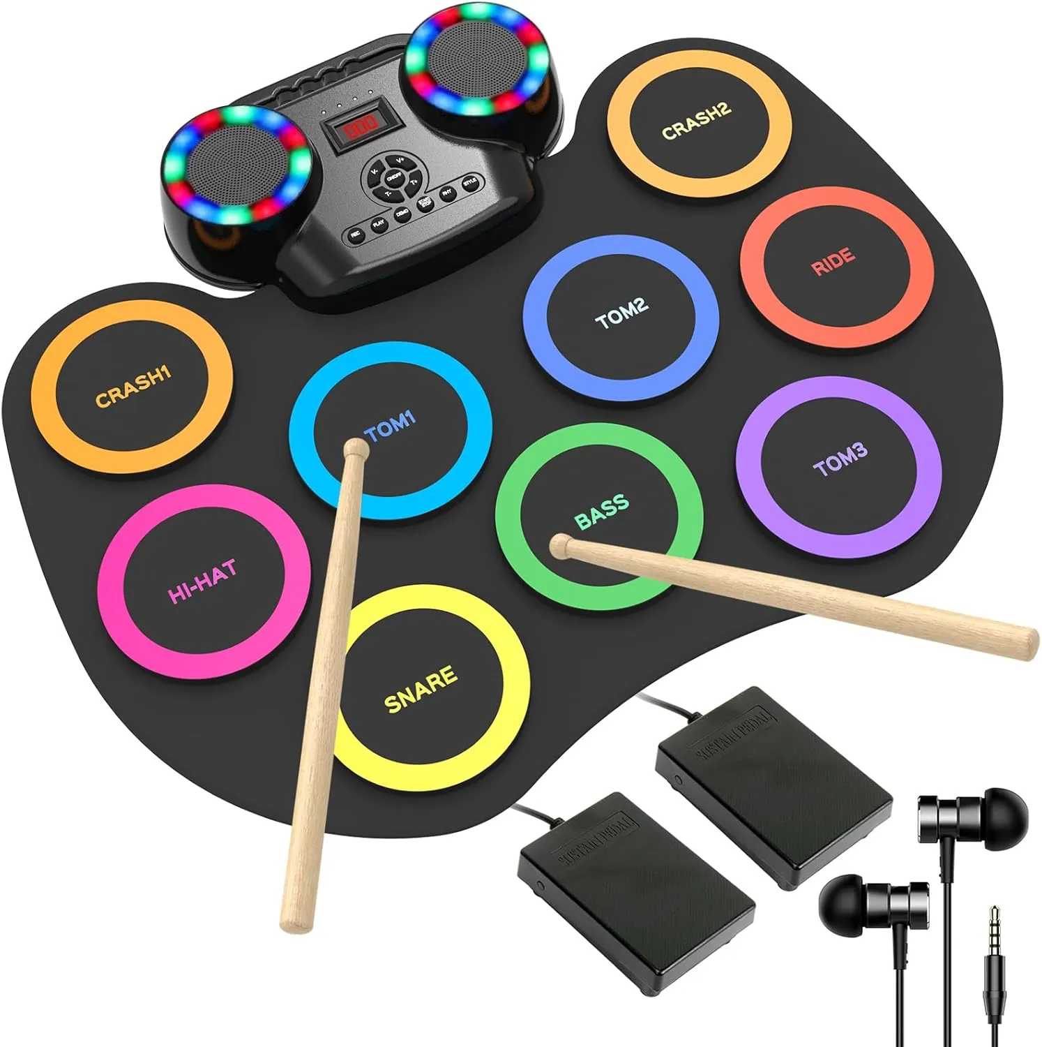 Electronic Drum Set 9Pads with LED Lights, Bluetooth Portable Electronic Drum Kit, Roll-Up Practice Drum Pad, Built-in Dual Speakers, Headphone, Holiday Birthday Gift for Kids