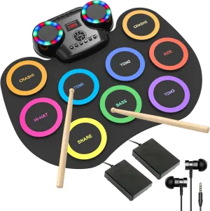 Electronic Drum Set 9Pads with LED Lights, Bluetooth Portable Electronic Drum Kit, Roll-Up Practice Drum Pad, Built-in Dual Speakers, Headphone, Holiday Birthday Gift for Kids