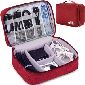 Electronics Organizer Waterproof Carrying Case - Durable Small Electronics Accessories Storage Bag Compatible Laptop Charger Various USB, Cables, Cords Power Travel Gadget Carry Bag - Red