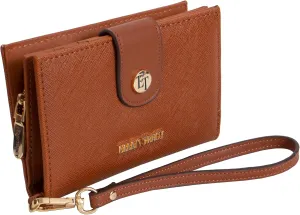 ELLEN TRACY Saffiano Double Compartment Zip Around Indexer with Front Flap Wallet & Detachable Wristlet (Cognac)