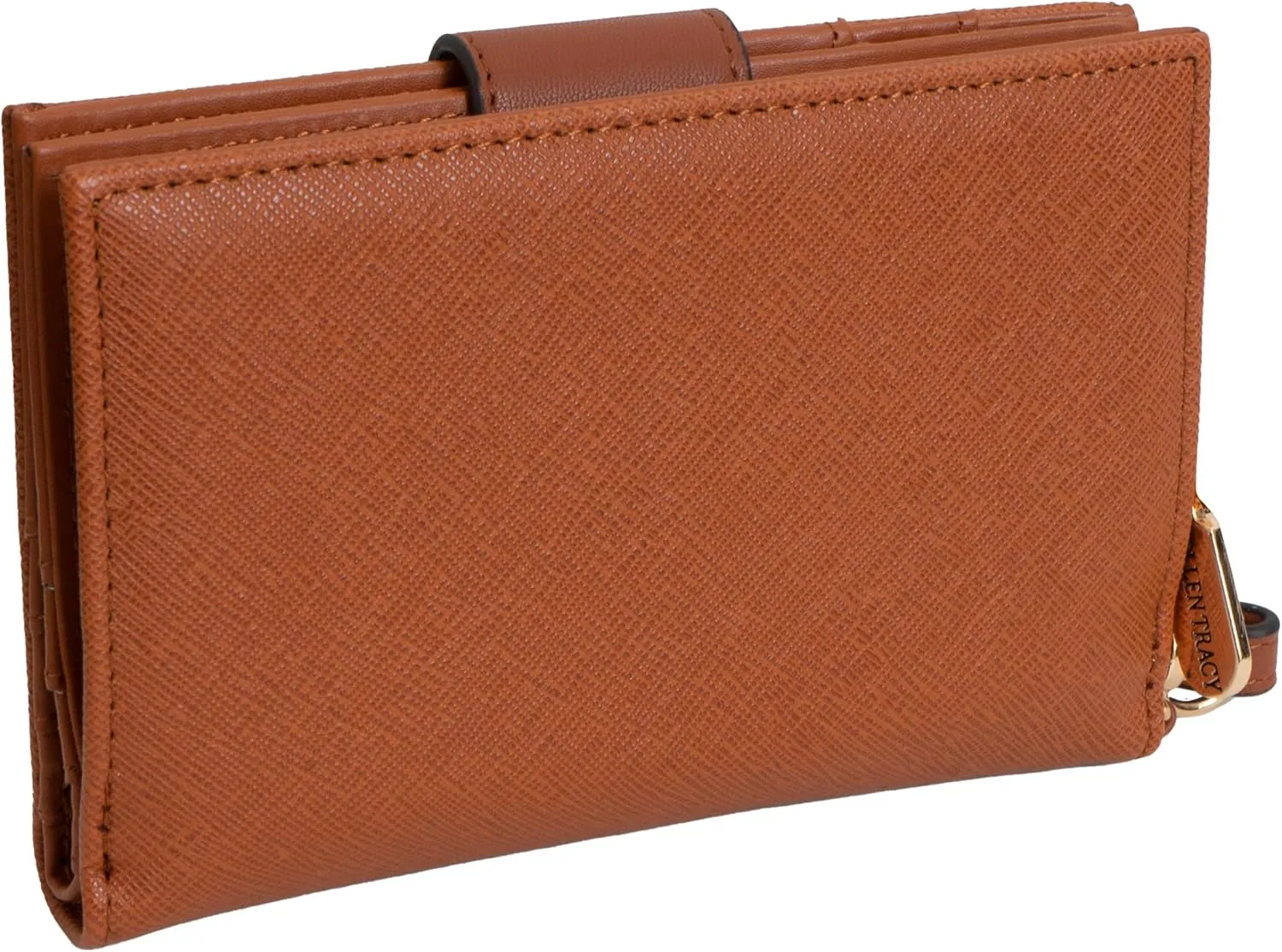 ELLEN TRACY Saffiano Double Compartment Zip Around Indexer with Front Flap Wallet & Detachable Wristlet (Cognac)