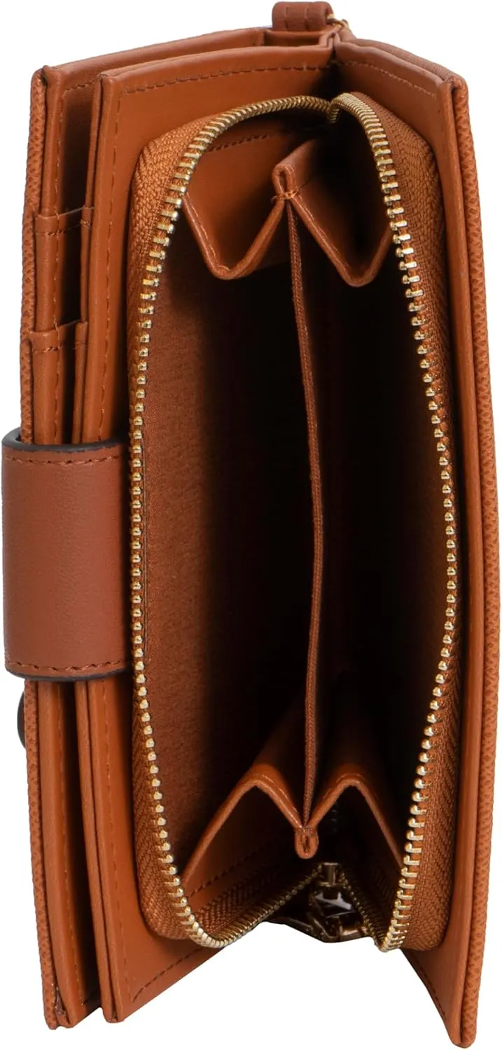 ELLEN TRACY Saffiano Double Compartment Zip Around Indexer with Front Flap Wallet & Detachable Wristlet (Cognac)