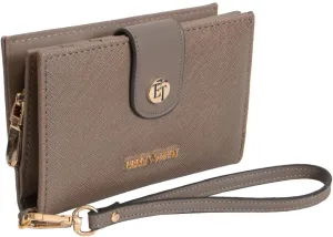 ELLEN TRACY Saffiano Double Compartment Zip Around Indexer with Front Flap Wallet & Detachable Wristlet (Stone)