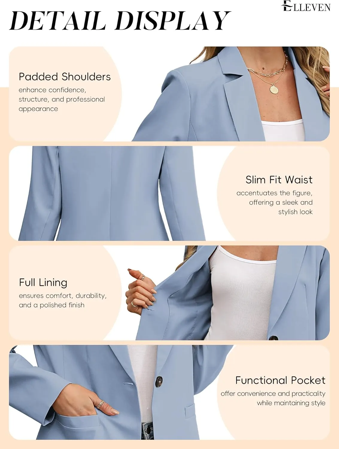 ELLEVEN Women's Blazer Business Casual Lightweight Suit - Long Sleeve Slim Fit Work Office Jacket with Pockets
