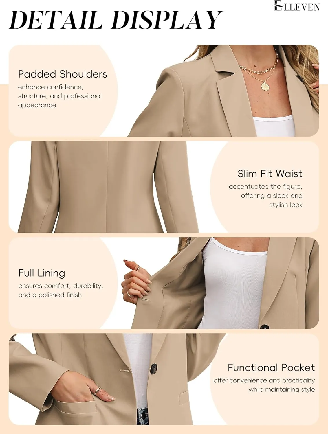 ELLEVEN Women's Blazer Business Casual Lightweight Suit - Long Sleeve Slim Fit Work Office Jacket with Pockets