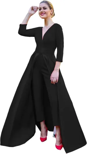 Emmani Women's Jumpsuits Formal Evening Dresses with Detachable Skirt V Neck Long Sleeves Prom Dresses Black