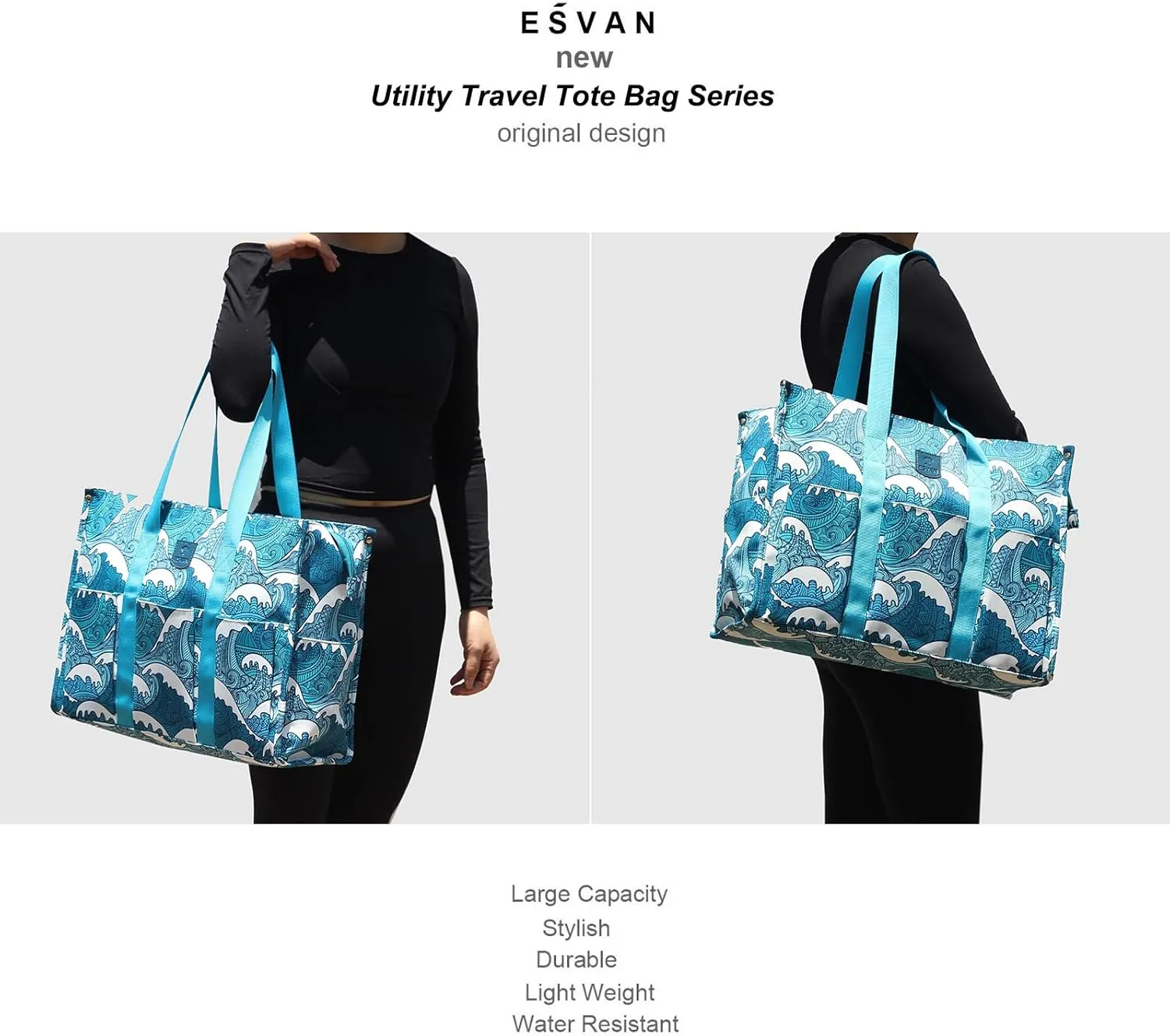 ESVAN Utility Tote Bag with Zip Top Waterproof Teacher Tote Bag for Teacher Work Women Beach