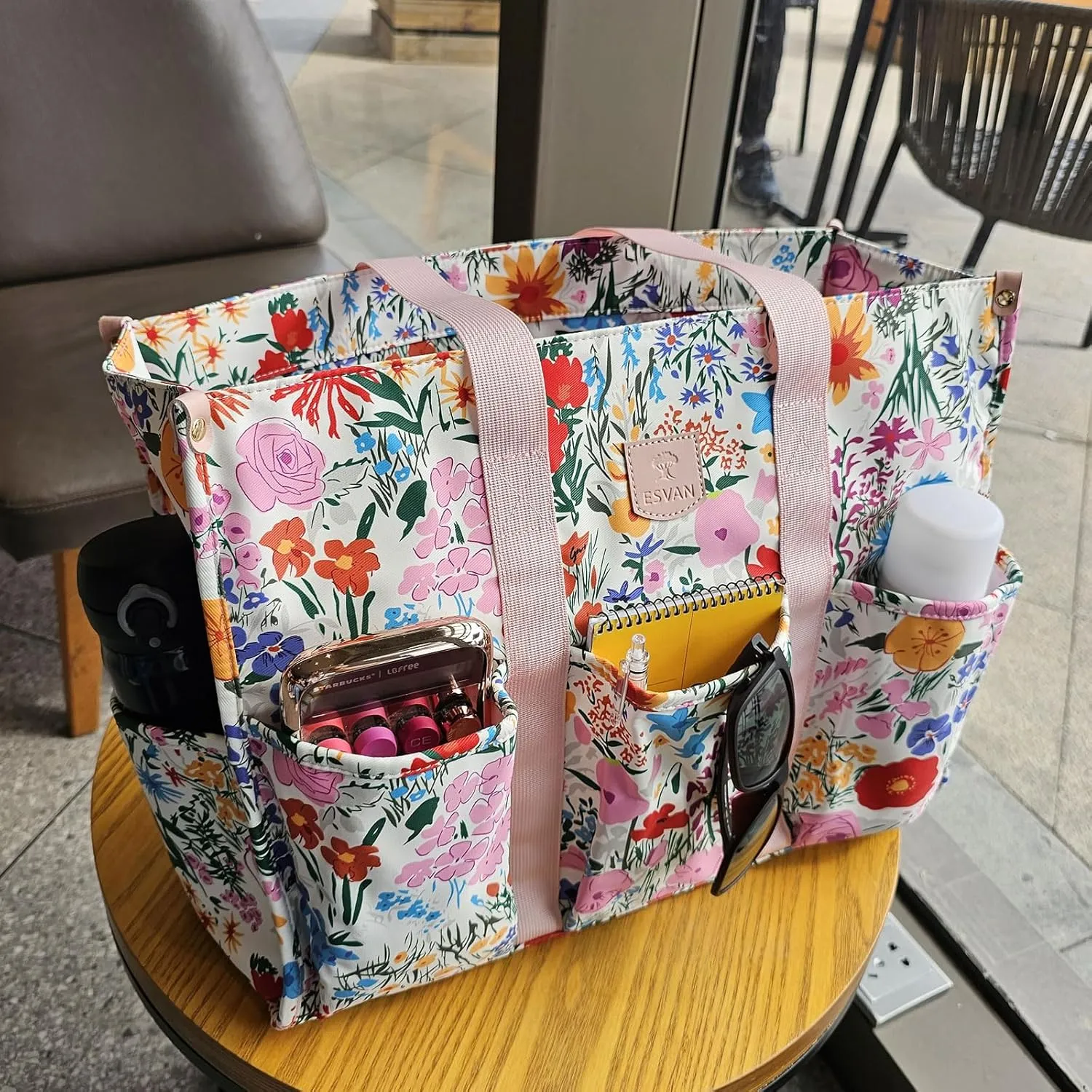 ESVAN Utility Tote Bag with Zip Top Waterproof Teacher Tote Bag for Teacher Work Women Beach