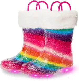 EUXTERPA Toddler Kids Light Up/Solid Color Rain Boots Waterproof Warm Fleece Lined Boots for Boys Girls Winter Snow Boots