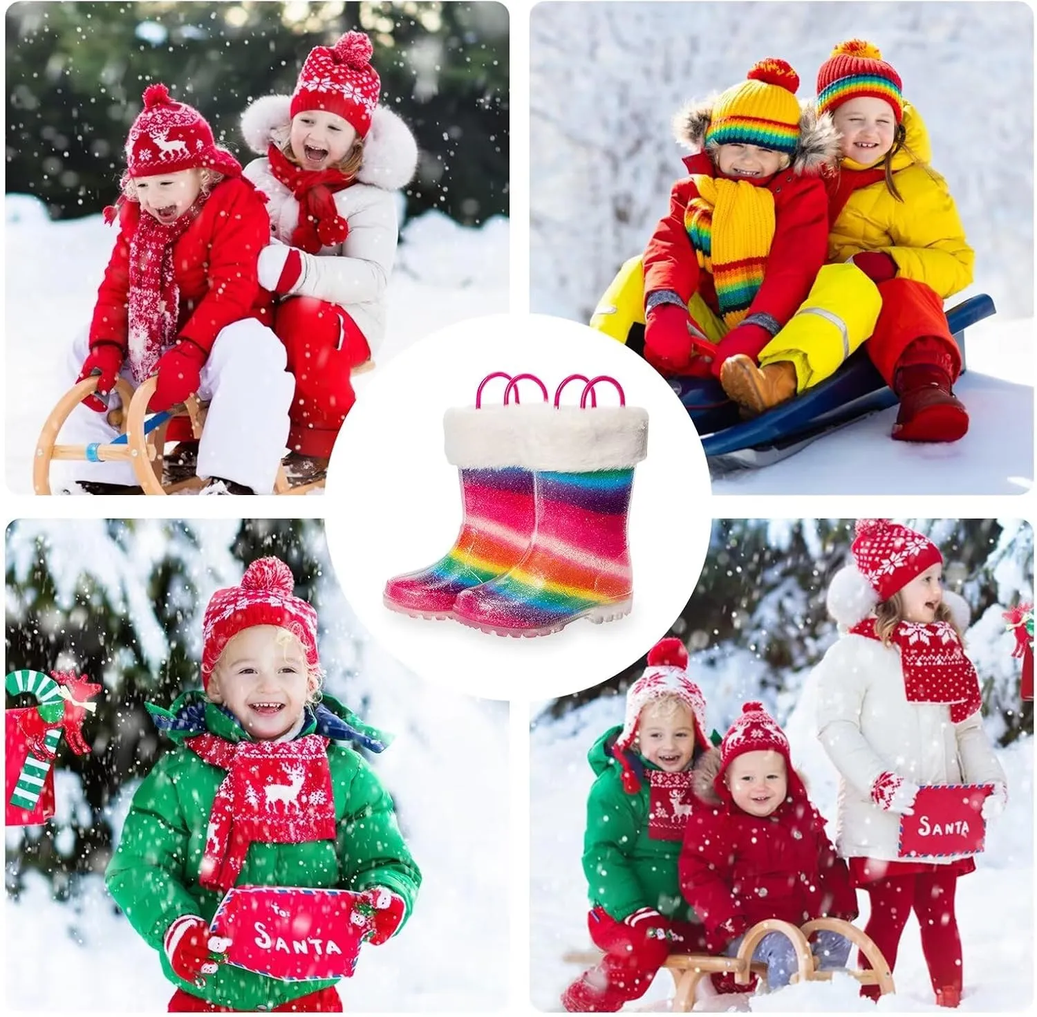 EUXTERPA Toddler Kids Light Up/Solid Color Rain Boots Waterproof Warm Fleece Lined Boots for Boys Girls Winter Snow Boots