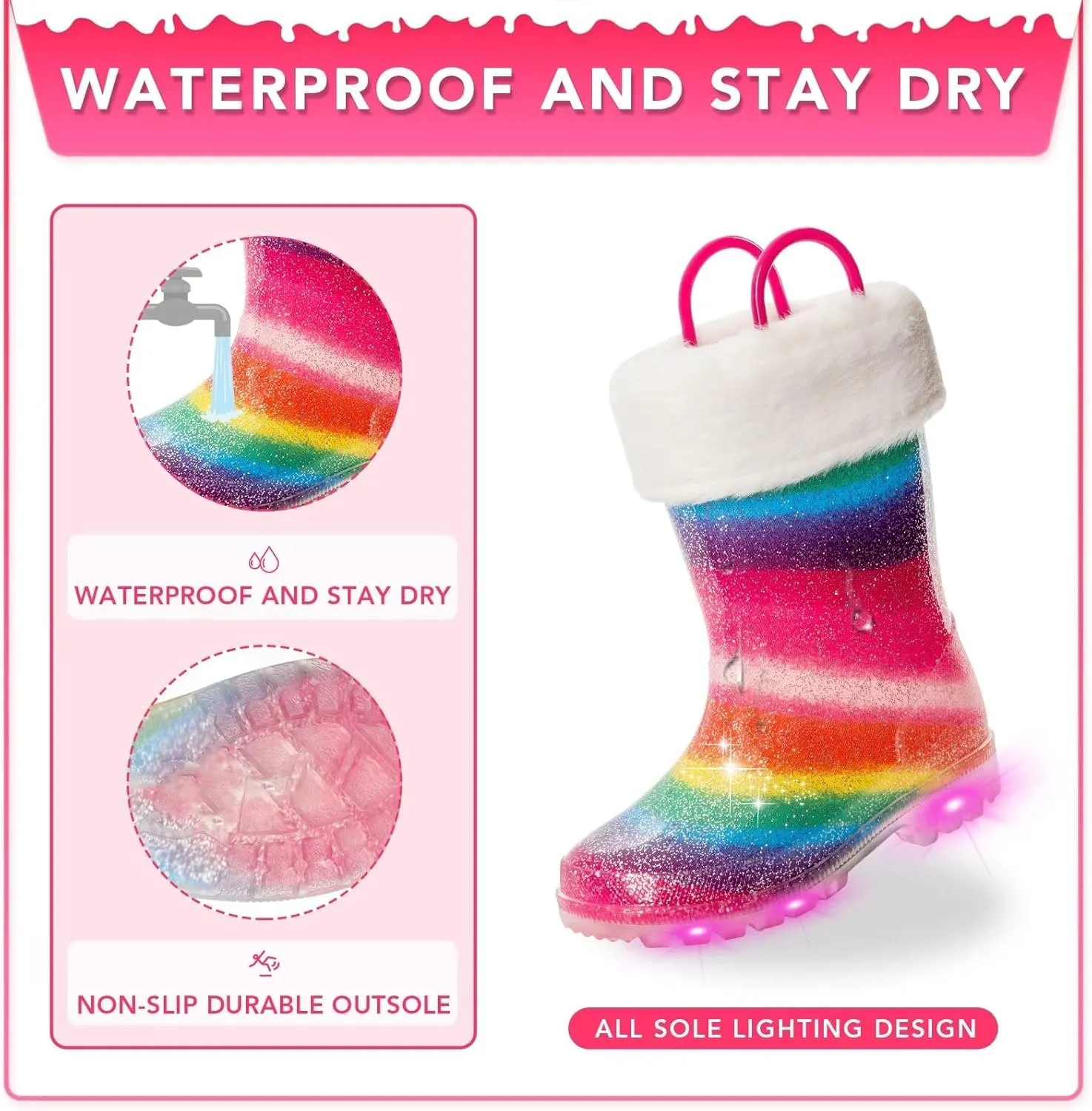 EUXTERPA Toddler Kids Light Up/Solid Color Rain Boots Waterproof Warm Fleece Lined Boots for Boys Girls Winter Snow Boots