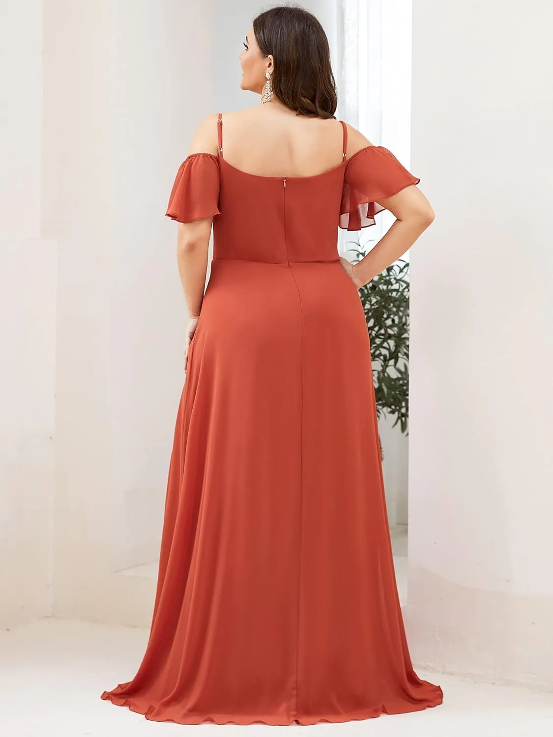 Ever-Pretty Plus Women's Off Shoulder Ruffles Sleeves Side Slit Chiffon Plus Size Bridesmaid Dresses 00237-DA