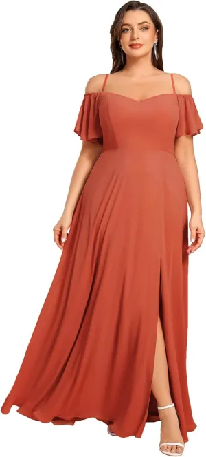 Ever-Pretty Plus Women's Off Shoulder Ruffles Sleeves Side Slit Chiffon Plus Size Bridesmaid Dresses 00237-DA