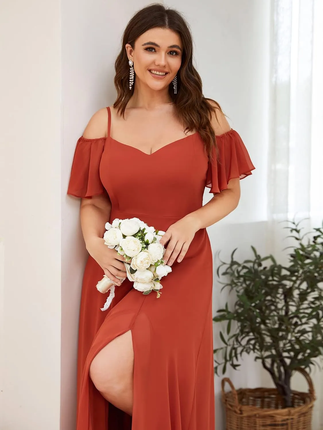 Ever-Pretty Plus Women's Off Shoulder Ruffles Sleeves Side Slit Chiffon Plus Size Bridesmaid Dresses 00237-DA