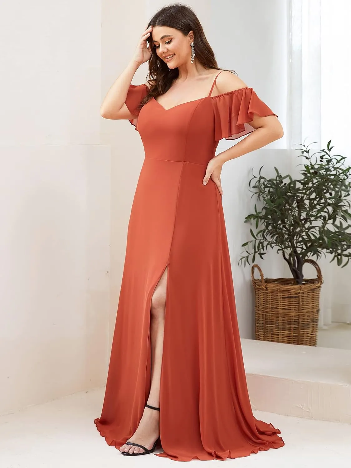 Ever-Pretty Plus Women's Off Shoulder Ruffles Sleeves Side Slit Chiffon Plus Size Bridesmaid Dresses 00237-DA