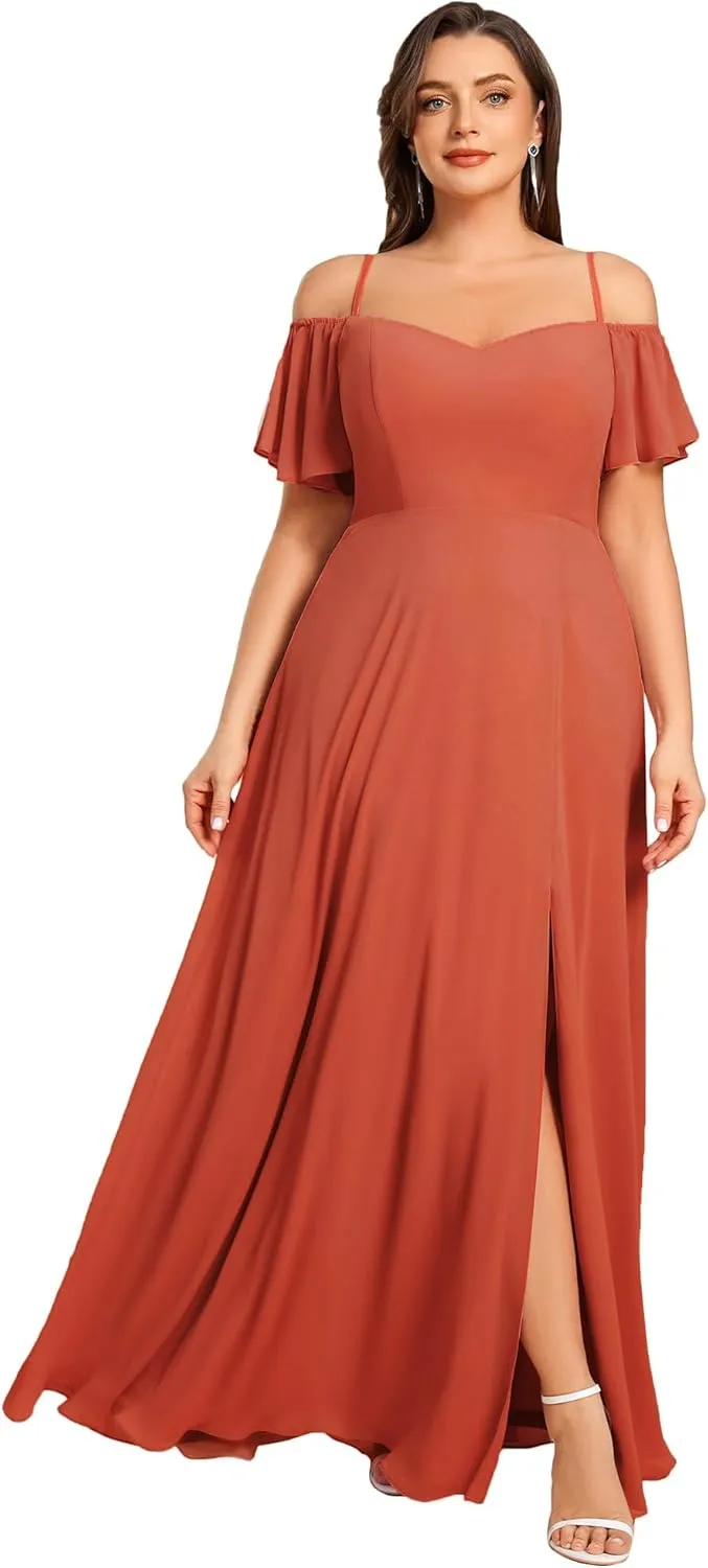 Ever-Pretty Plus Women's Off Shoulder Ruffles Sleeves Side Slit Chiffon Plus Size Bridesmaid Dresses 00237-DA