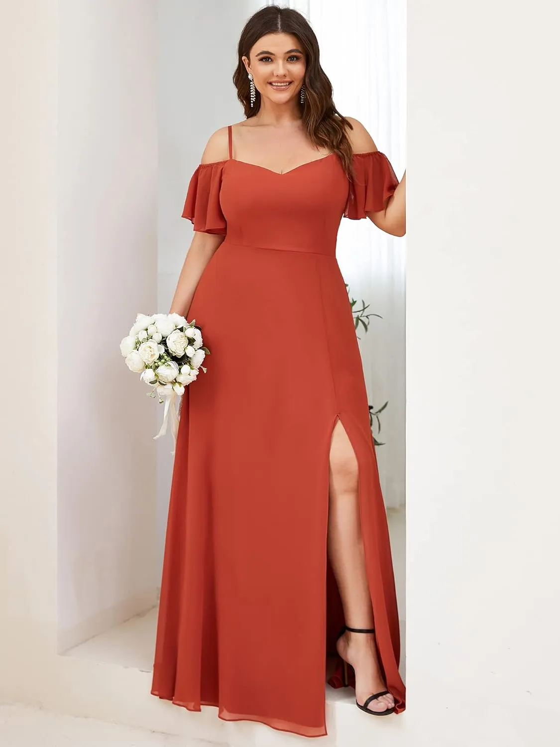 Ever-Pretty Plus Women's Off Shoulder Ruffles Sleeves Side Slit Chiffon Plus Size Bridesmaid Dresses 00237-DA