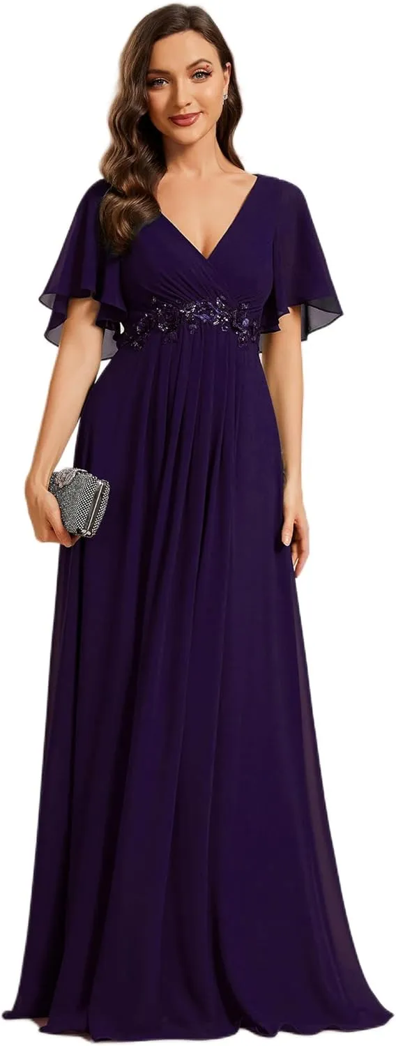 Ever-Pretty Women's Chiffon A-Line Ruched Short Sleeves Applique Waist V Neck Formal Dresses and Evening Gowns