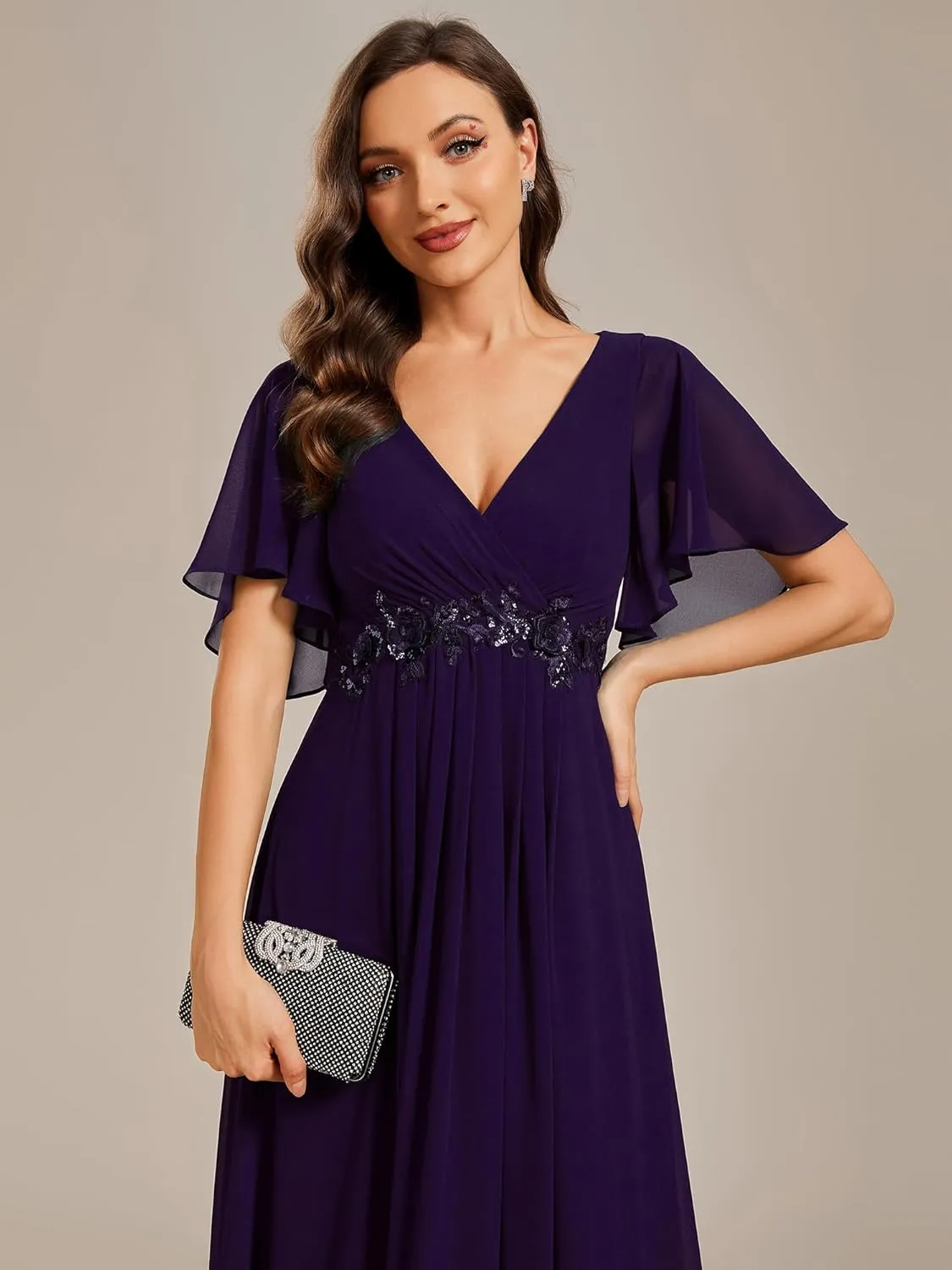 Ever-Pretty Women's Chiffon A-Line Ruched Short Sleeves Applique Waist V Neck Formal Dresses and Evening Gowns