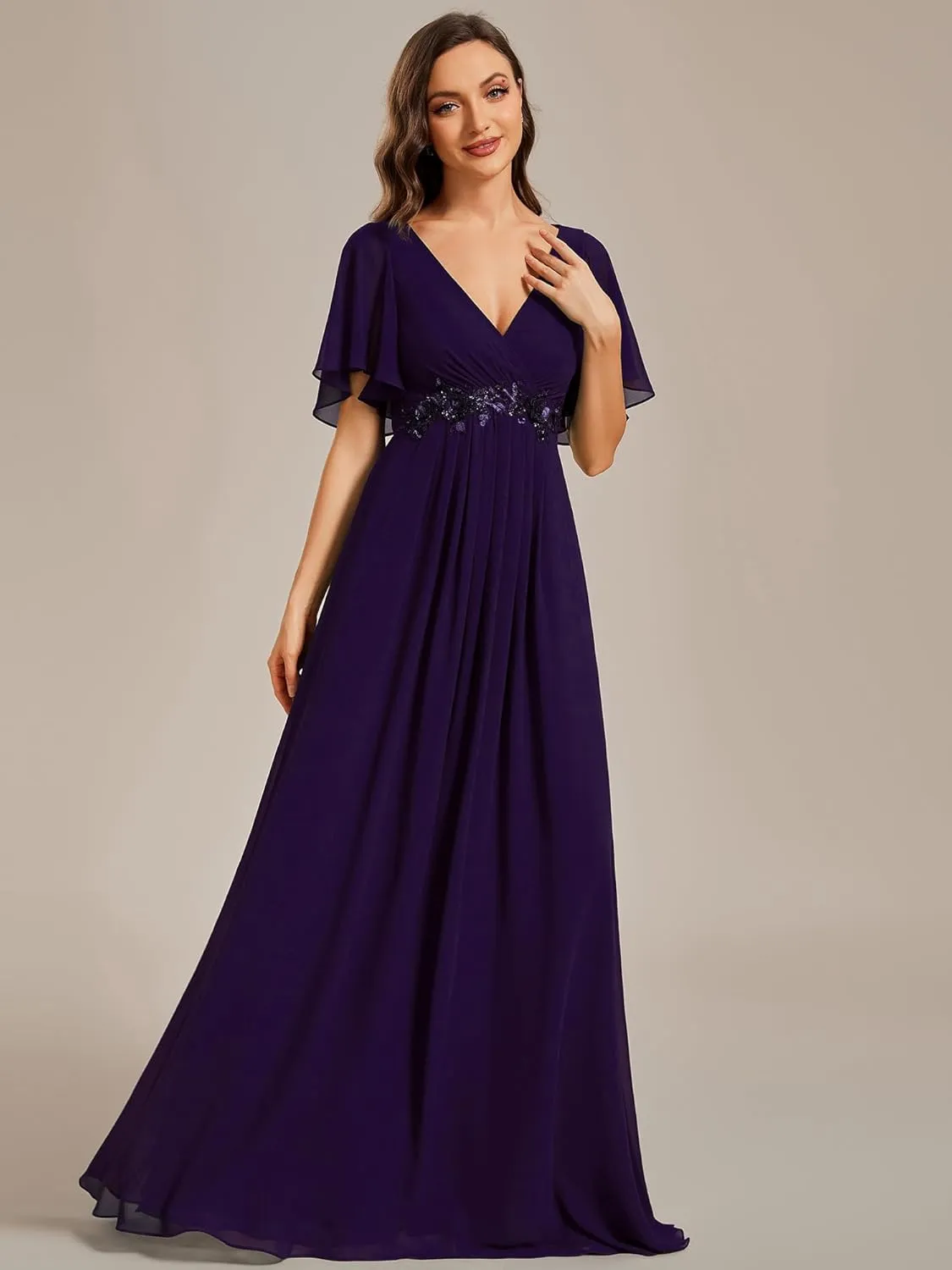 Ever-Pretty Women's Chiffon A-Line Ruched Short Sleeves Applique Waist V Neck Formal Dresses and Evening Gowns
