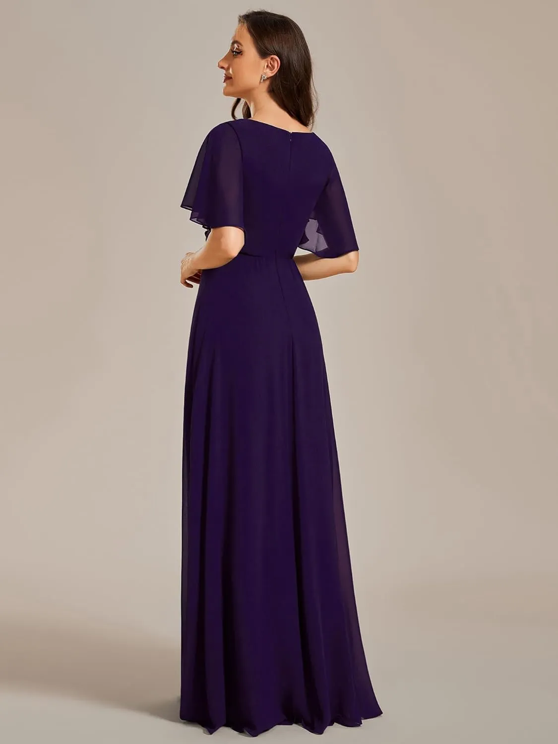Ever-Pretty Women's Chiffon A-Line Ruched Short Sleeves Applique Waist V Neck Formal Dresses and Evening Gowns