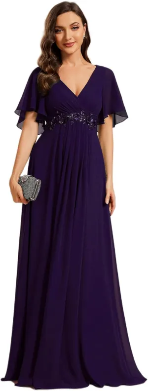 Ever-Pretty Women's Chiffon A-Line Ruched Short Sleeves Applique Waist V Neck Formal Dresses and Evening Gowns