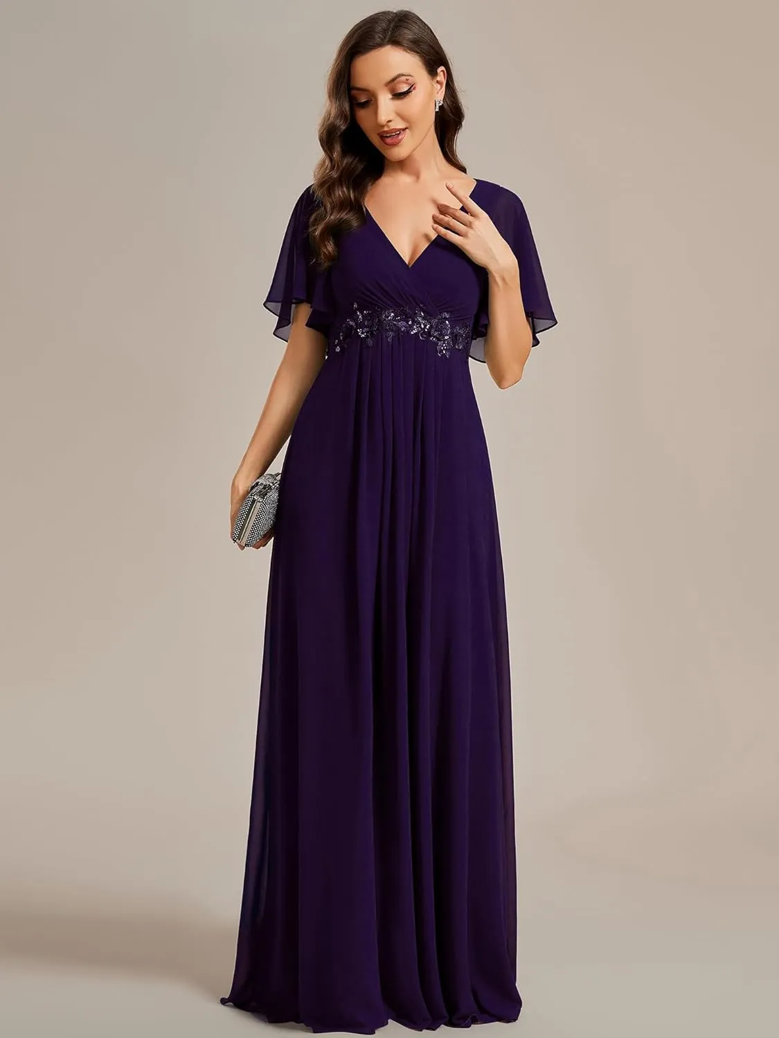 Ever-Pretty Women's Chiffon A-Line Ruched Short Sleeves Applique Waist V Neck Formal Dresses and Evening Gowns