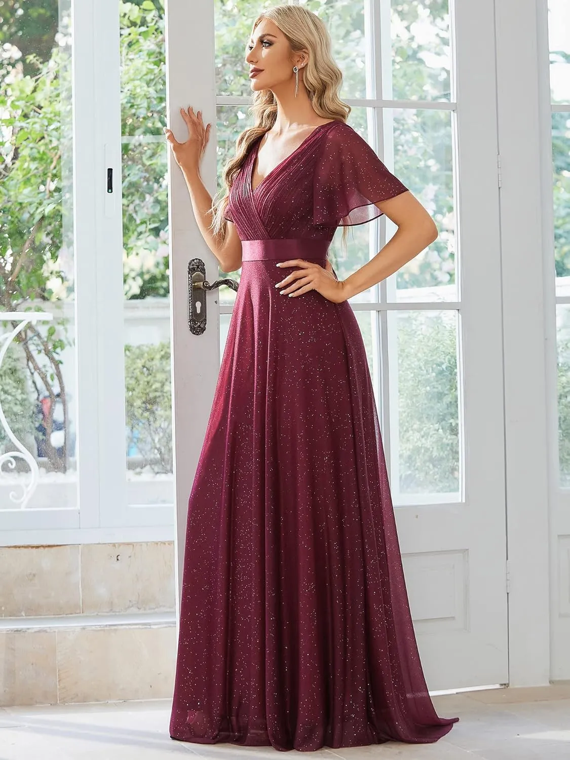 Ever-Pretty Womens Evening Dresses V Neck Short Sleeves A-line Glitter Formal Dresses 50159
