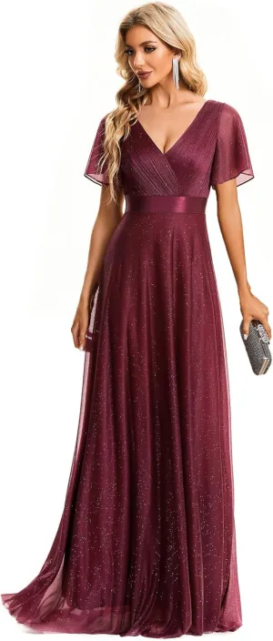 Ever-Pretty Womens Evening Dresses V Neck Short Sleeves A-line Glitter Formal Dresses 50159