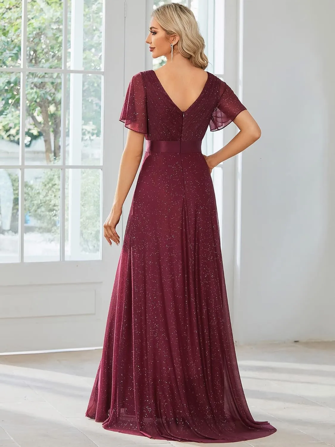 Ever-Pretty Womens Evening Dresses V Neck Short Sleeves A-line Glitter Formal Dresses 50159