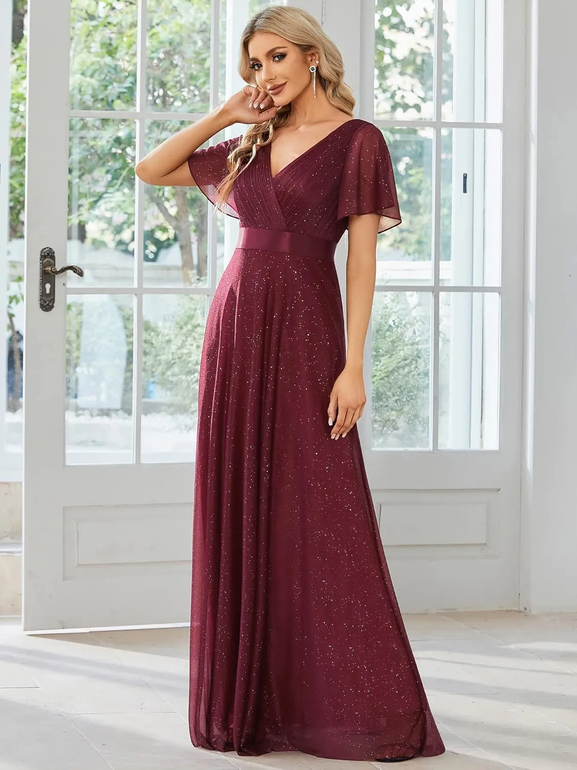 Ever-Pretty Womens Evening Dresses V Neck Short Sleeves A-line Glitter Formal Dresses 50159