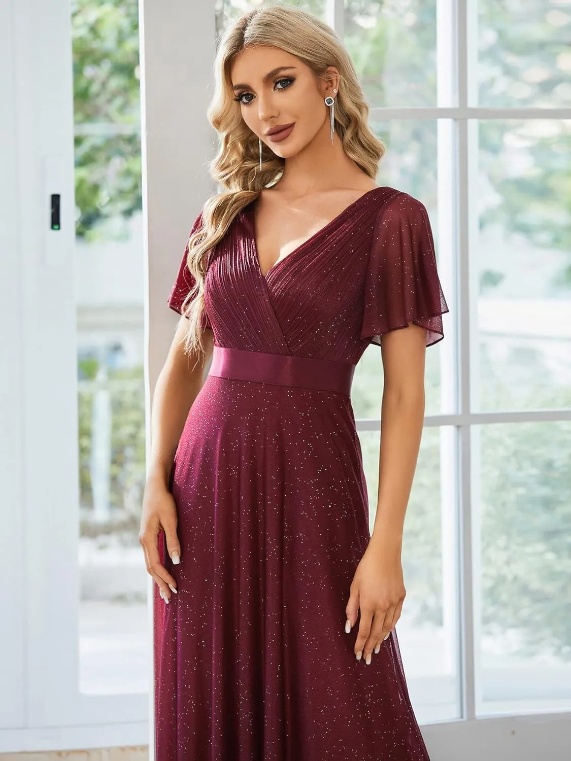 Ever-Pretty Womens Evening Dresses V Neck Short Sleeves A-line Glitter Formal Dresses 50159