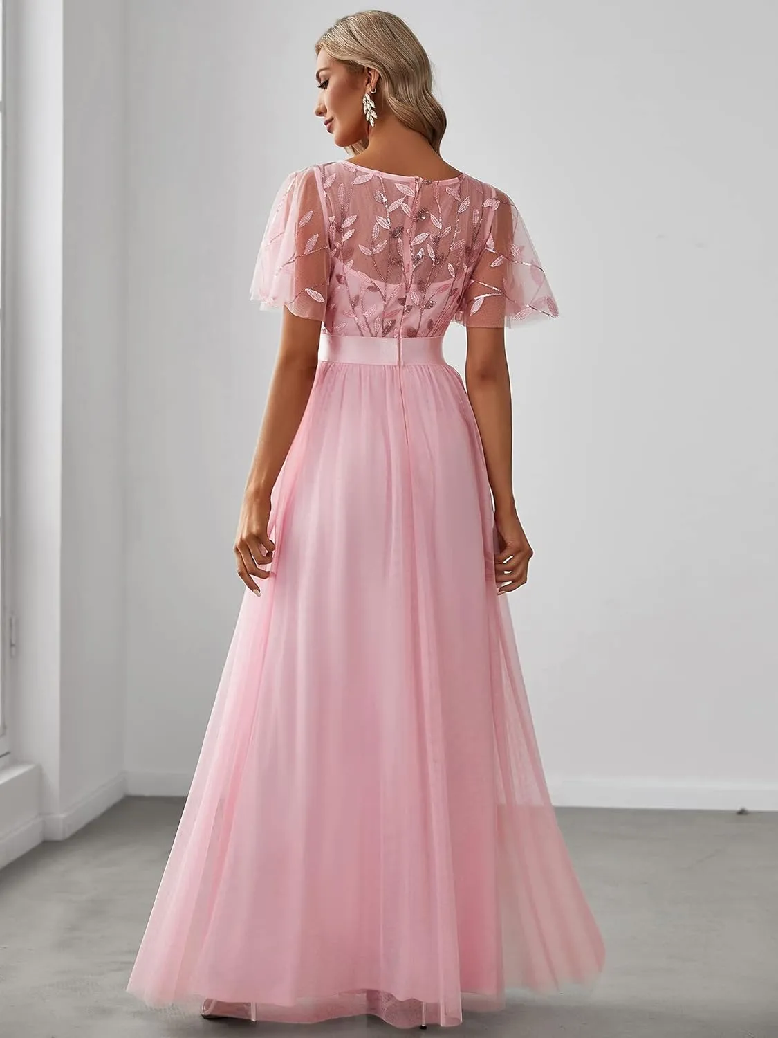 Ever-Pretty Women's Formal Dresses Crew Neck Sequin Ruffle Sleeve Empire Waist Beaded Long Evening Dresses 00904