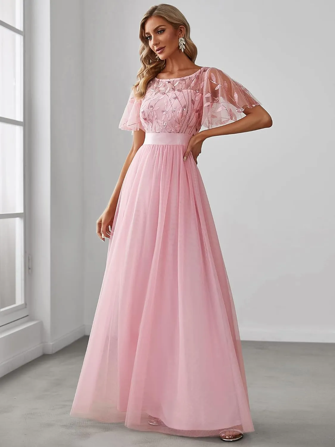 Ever-Pretty Women's Formal Dresses Crew Neck Sequin Ruffle Sleeve Empire Waist Beaded Long Evening Dresses 00904