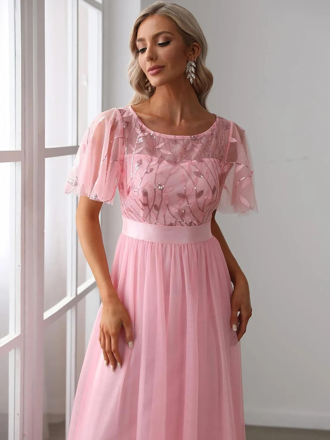 Ever-Pretty Women's Formal Dresses Crew Neck Sequin Ruffle Sleeve Empire Waist Beaded Long Evening Dresses 00904