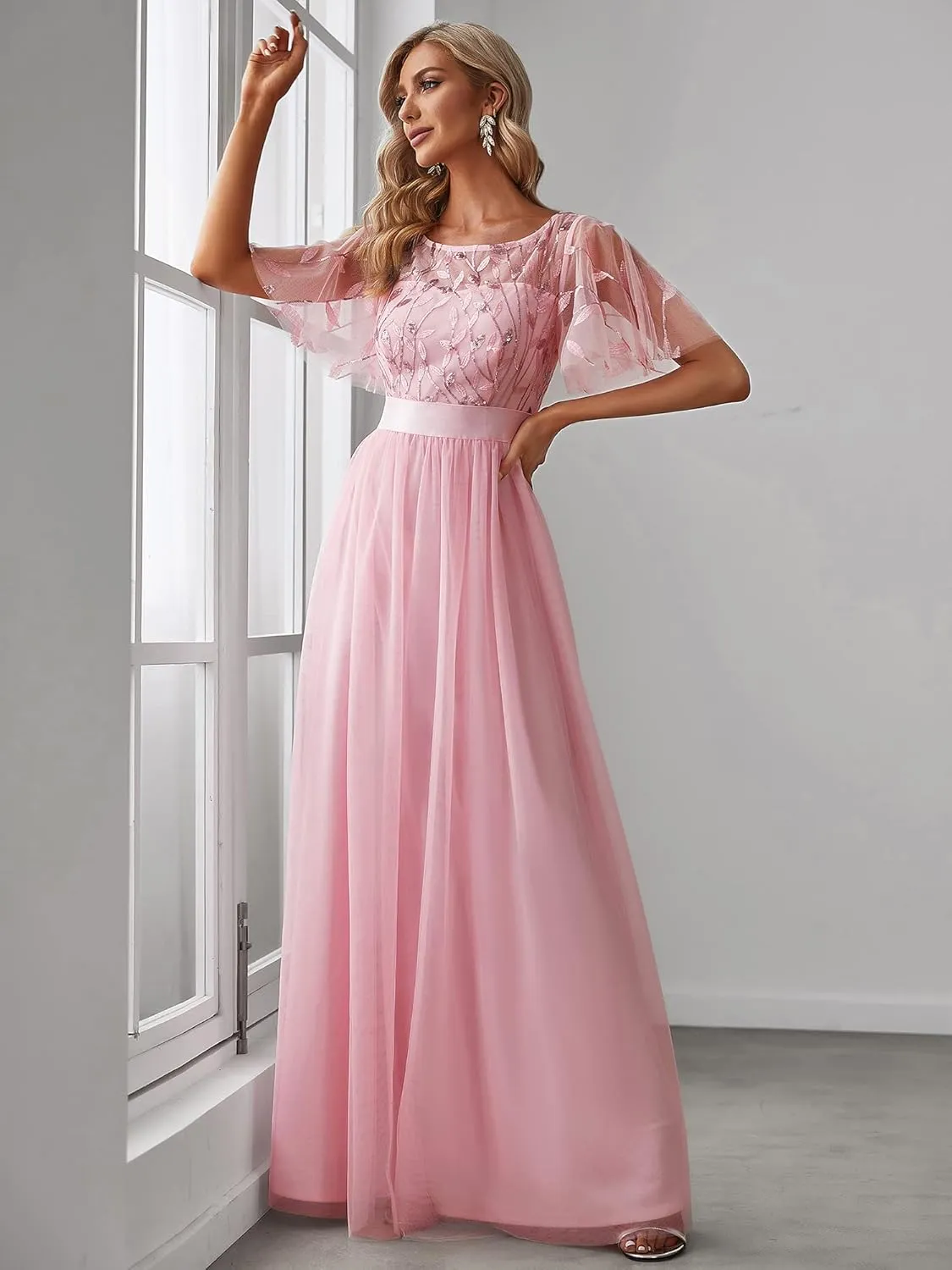 Ever-Pretty Women's Formal Dresses Crew Neck Sequin Ruffle Sleeve Empire Waist Beaded Long Evening Dresses 00904