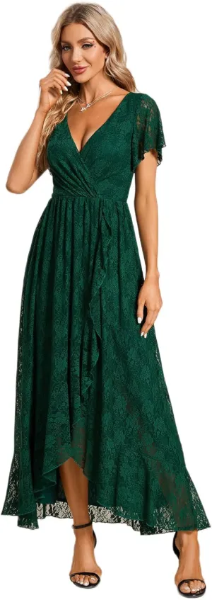 Ever-Pretty Women's Lace V Neck Ruffles Sleeves Pleated Empire Waist A-Line Maxi Formal Dresses 01489