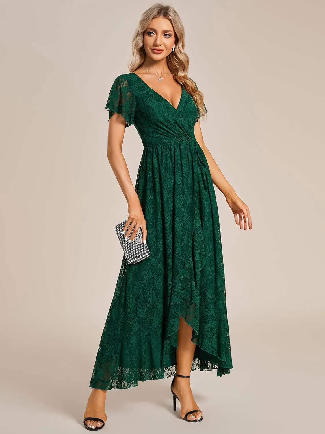Ever-Pretty Women's Lace V Neck Ruffles Sleeves Pleated Empire Waist A-Line Maxi Formal Dresses 01489